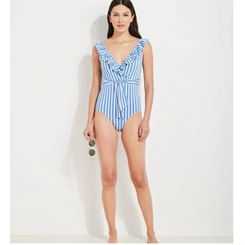 Vineyard Vines Women’s Blue and White Sail Stripe Ruffle One-Piece Swimsuit